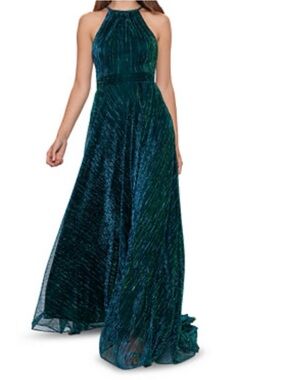 Betsy & Adam Metallic Halter Gown